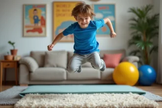 Garçon de 11 ans sautant sur un matelas dans un salon spacieux