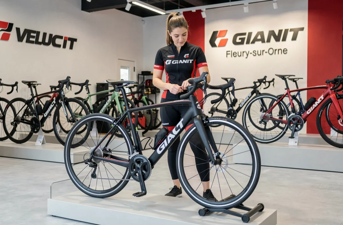 Jeune femme inspectant un vélo Giant dans le magasin Velocity à Fleury-sur-Orne