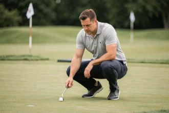 Golfeur analysant la ligne d'un putt en s'accroupissant sur un putting green d'entraînement