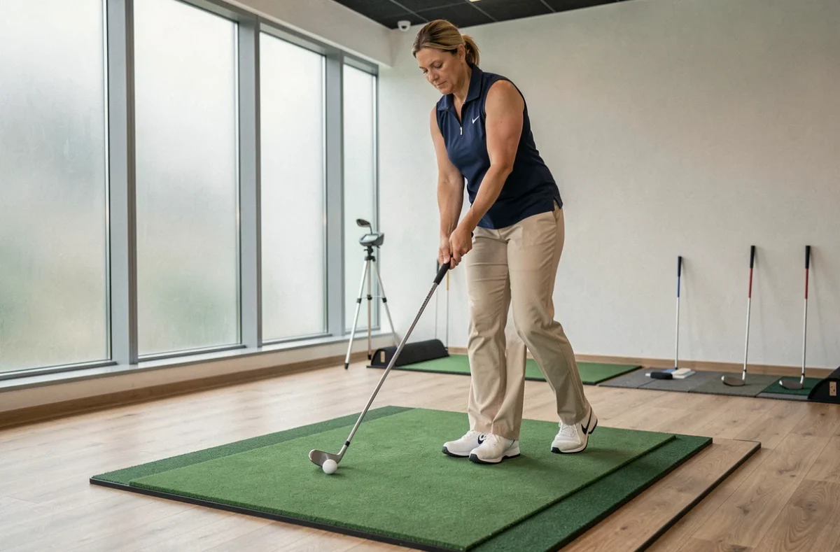 Golfeuse pratiquant son putting sur un tapis d'entraînement dans un espace intérieur moderne