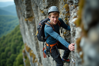 Jeune homme en escalade sur un rocher vert et escarpé