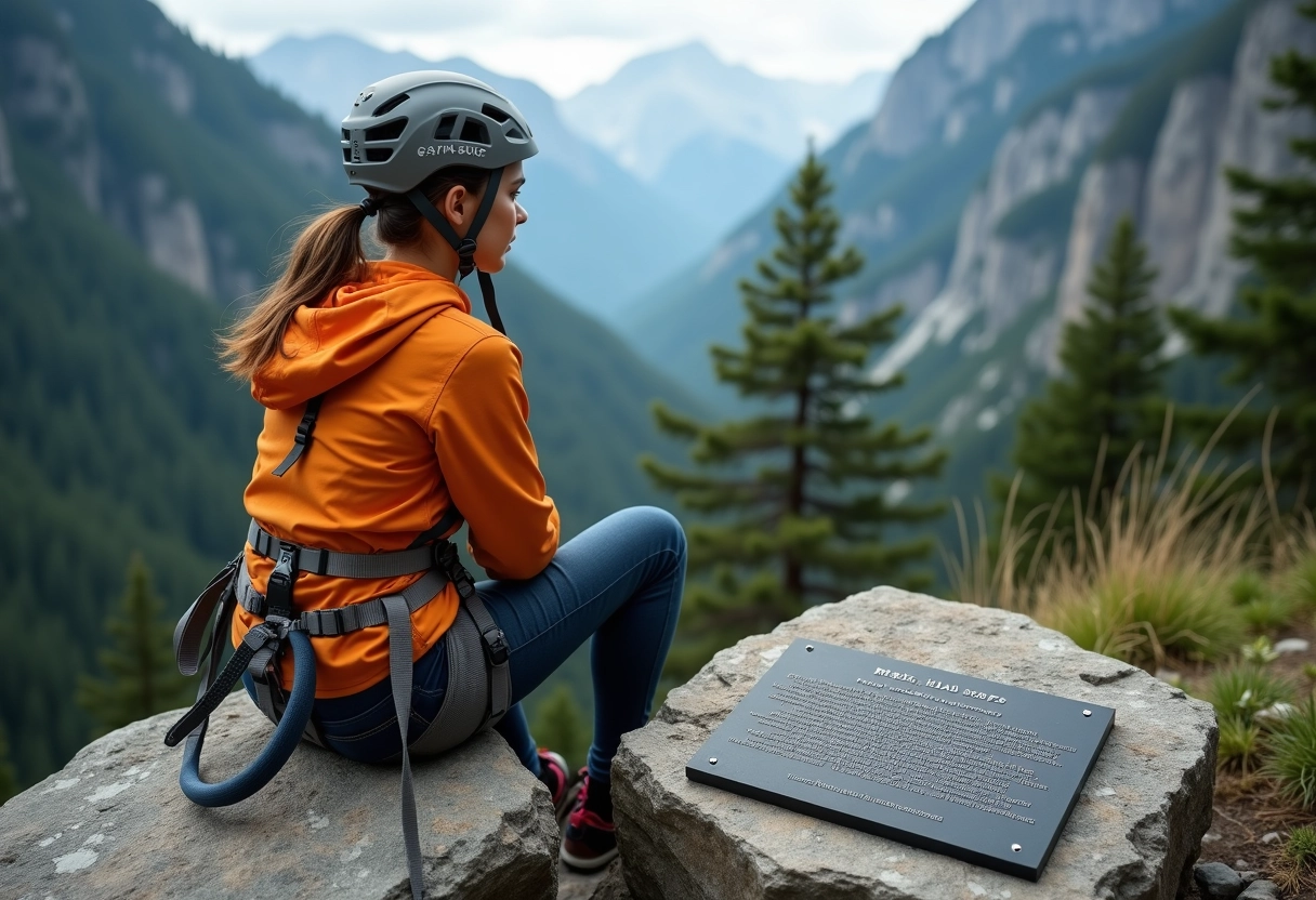 Jeune grimpeuse contemplant une plaque commémorative en montagne