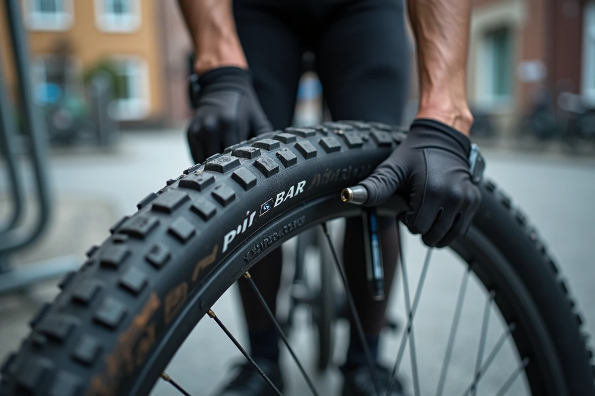 Gros plan sur le marquage de pression d'un pneu VTT 26 pouces avec manomètre numérique sur valve