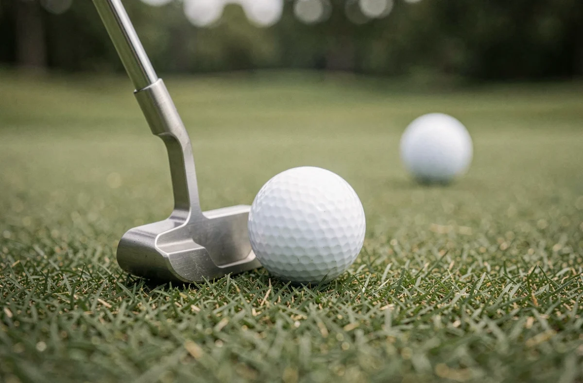 Gros plan sur une tête de putter et une balle de golf sur un putting green en gazon naturel
