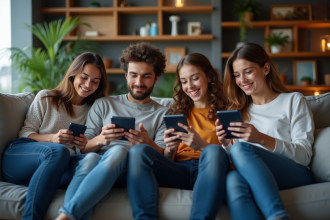 Jeunes adultes regardant un stream sportif dans un salon moderne