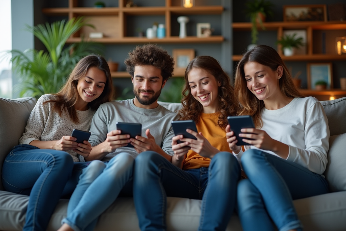 Jeunes adultes regardant un stream sportif dans un salon moderne