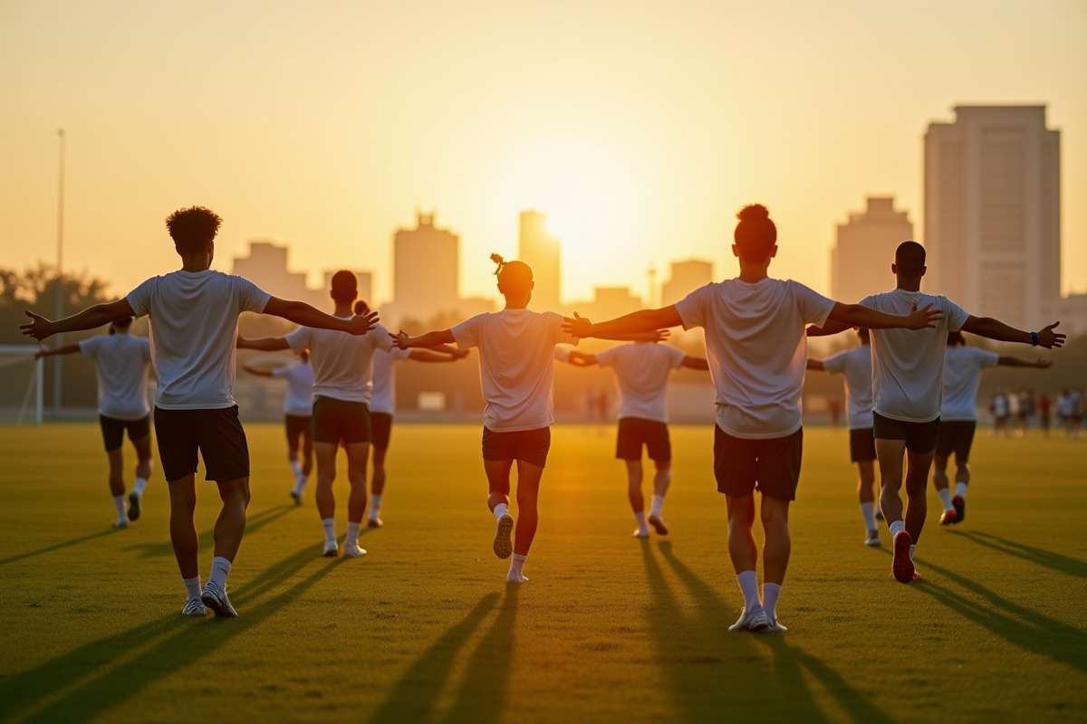 Groupe de personnes diverses s’échauffant au lever du soleil sur un terrain