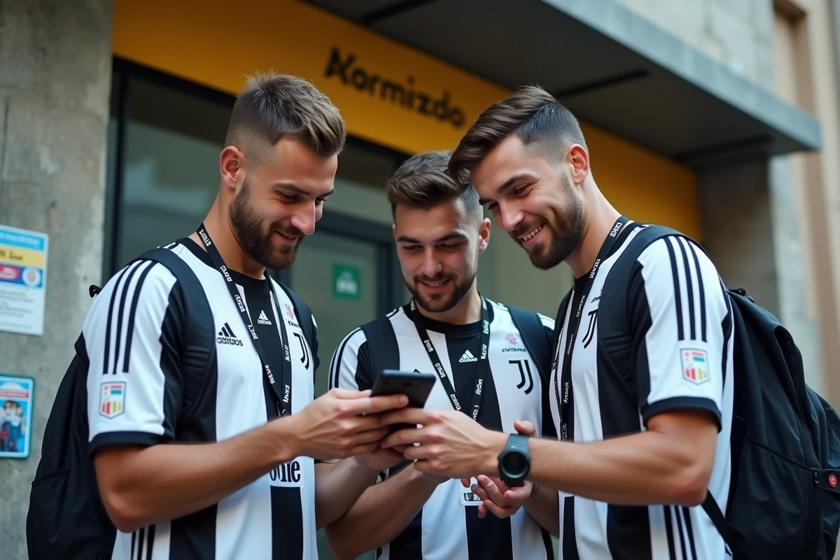 Groupe de supporters de la Juventus consultant un revendeur de billets de dernière minute aux abords du stade