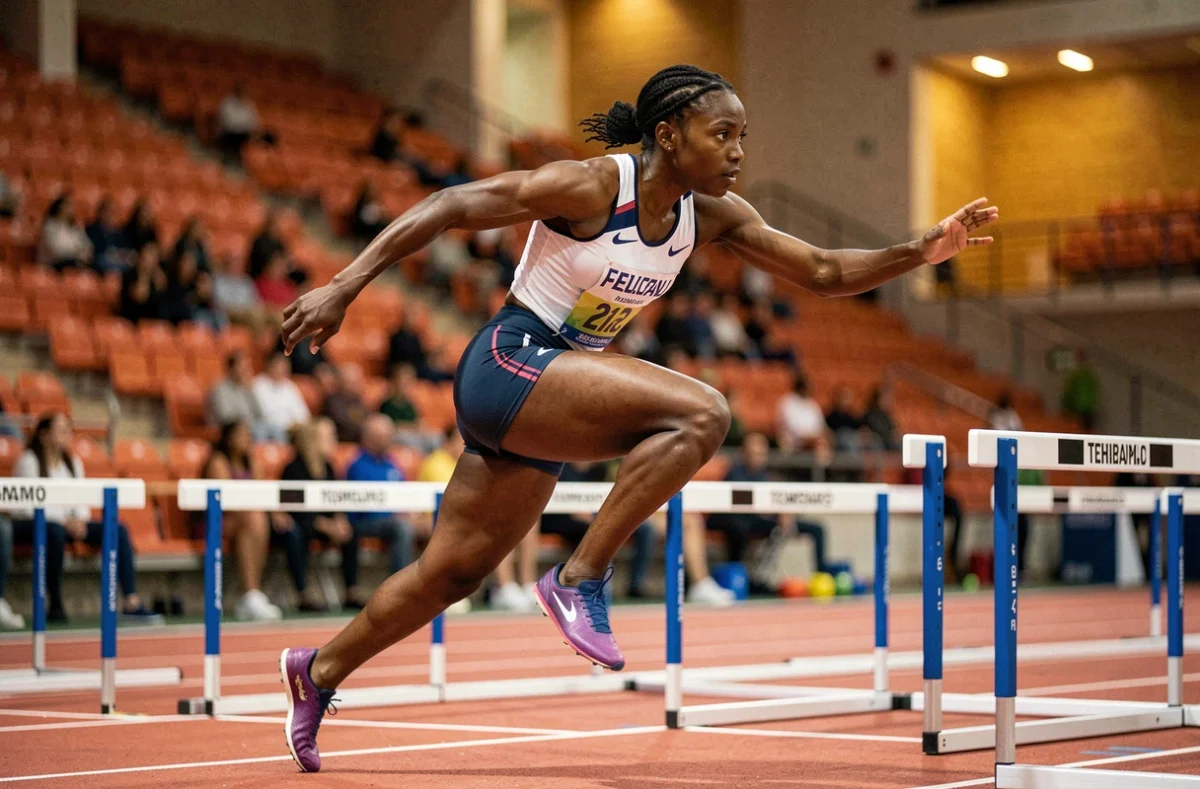 Athlète féminine franchissant une haie en compétition indoor, image d'action sportive réaliste et dynamique