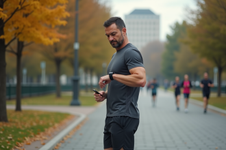 Homme sportif vérifiant sa smartwatch en automne