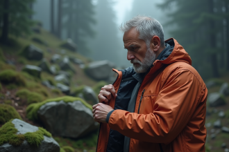 Homme d'âge moyen inspectant une veste GoreTex usée en forêt