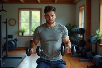 Jeune homme faisant curl biceps dans salle maison
