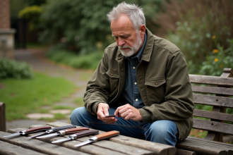Homme d'âge moyen examinant des couteaux de poche dans un jardin