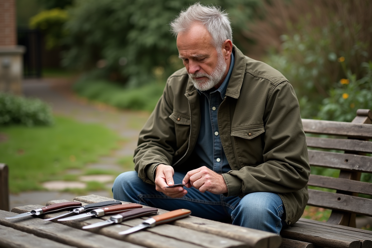 Homme d'âge moyen examinant des couteaux de poche dans un jardin