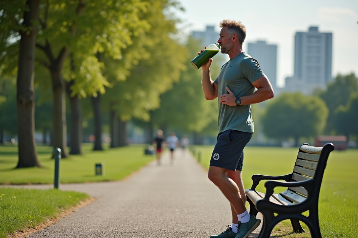 Homme en tenue de sport boit un jus vert dans un parc urbain