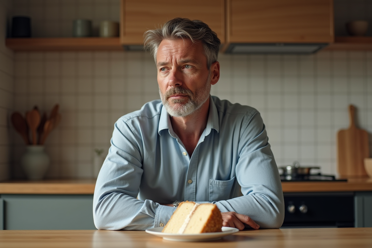 Homme réfléchissant devant une part de gâteau dans la cuisine