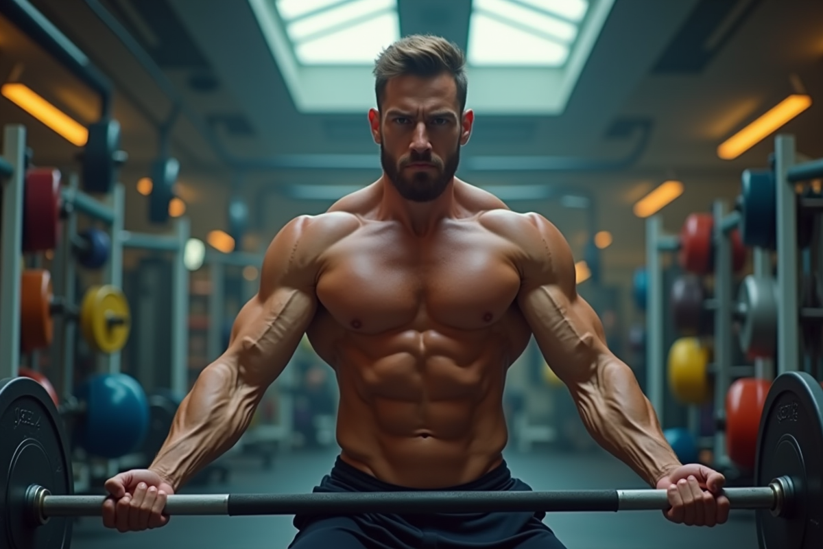 Homme musclé faisant des curls en salle de sport professionnelle