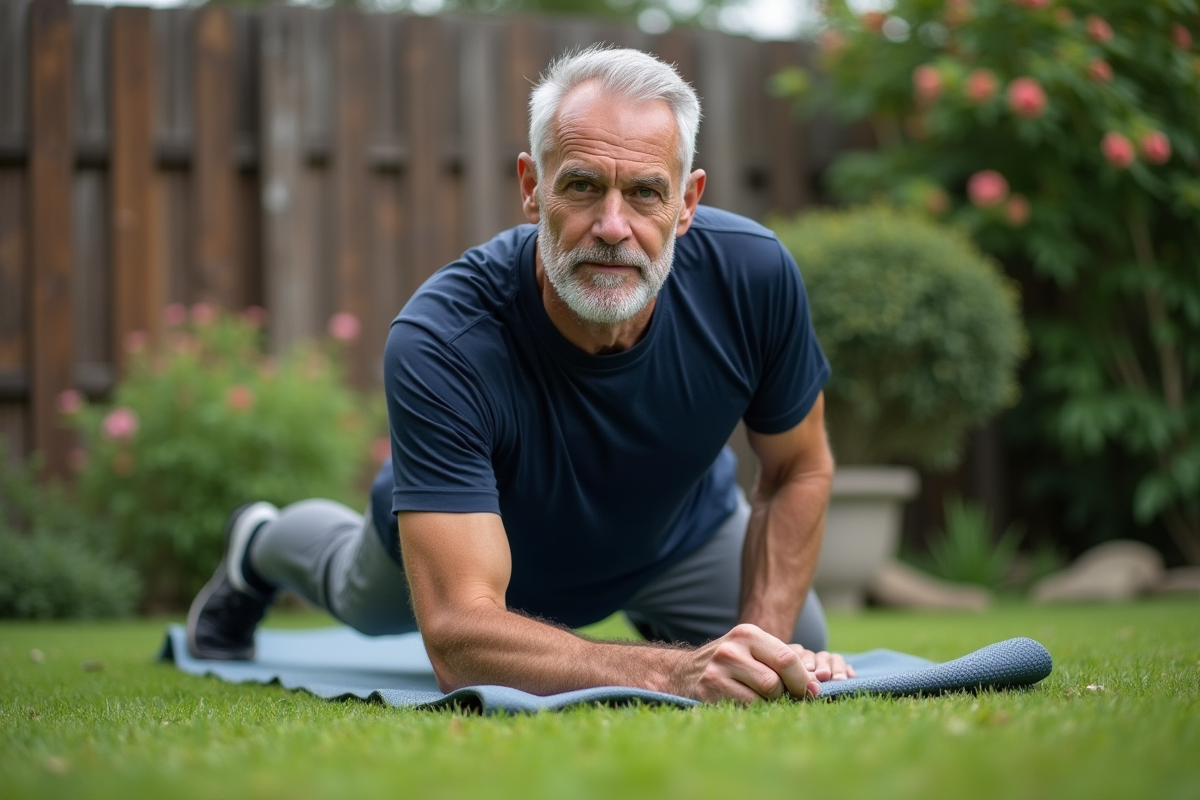 Homme en planche dans un jardin calme