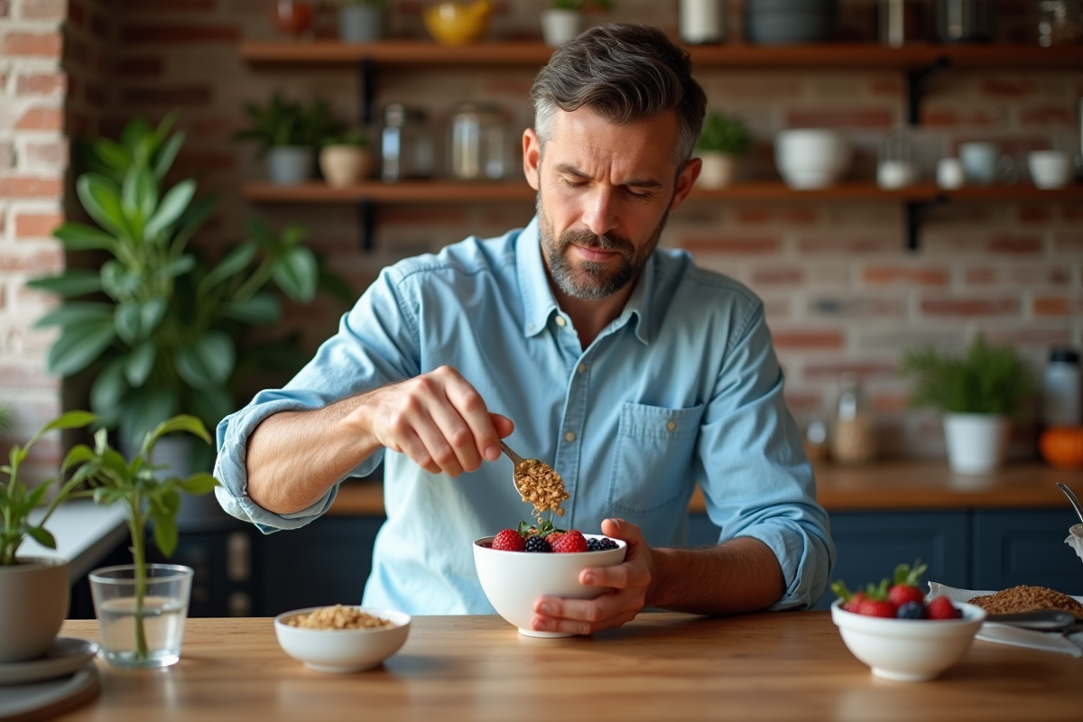 Homme versant du granola dans un bol de yogourt et fruits