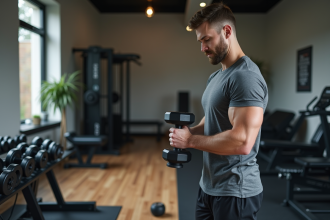 Homme en salle de sport évalue des haltères