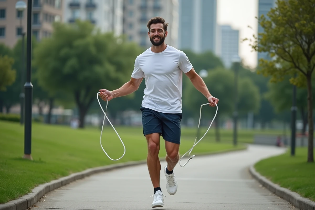 Homme sautant à la corde dans un parc urbain