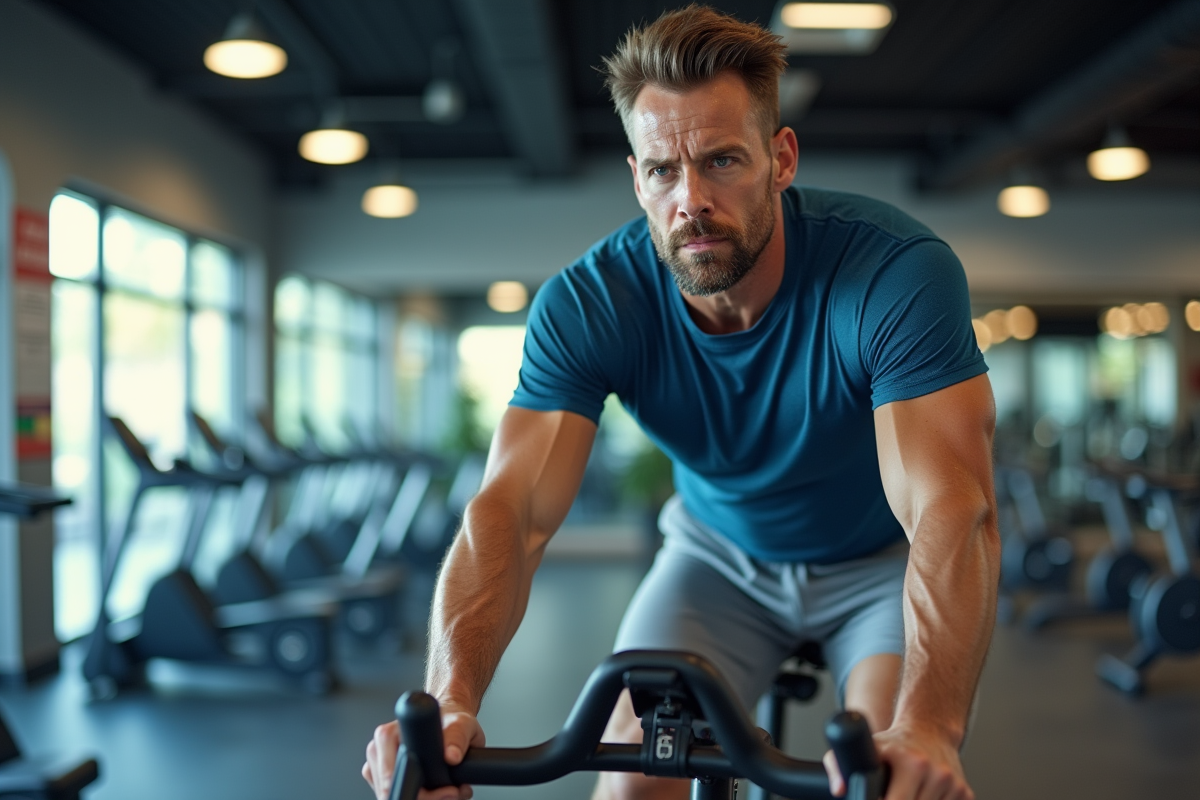 Homme entraîné pédalant sur un vélo stationnaire en salle