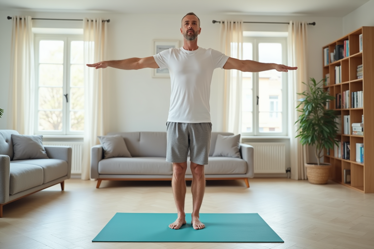 Homme en position de yoga dans un salon lumineux