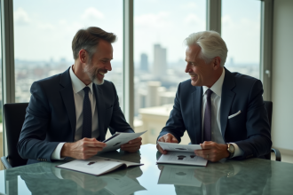 Deux hommes en costume d'affaires discutent luxe horloges