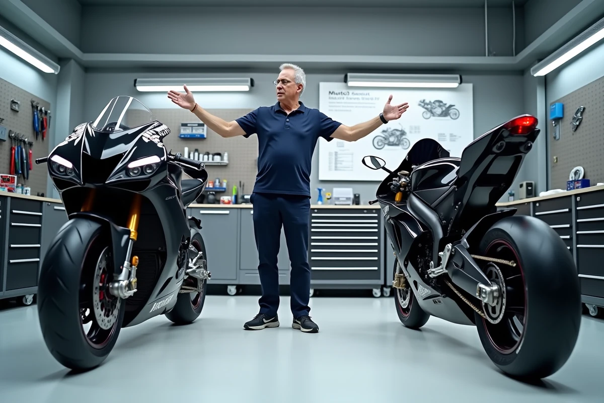 Ingénieur moto en atelier comparant les pneumatiques et suspensions d'une moto MotoGP et d'une moto de route homologuée