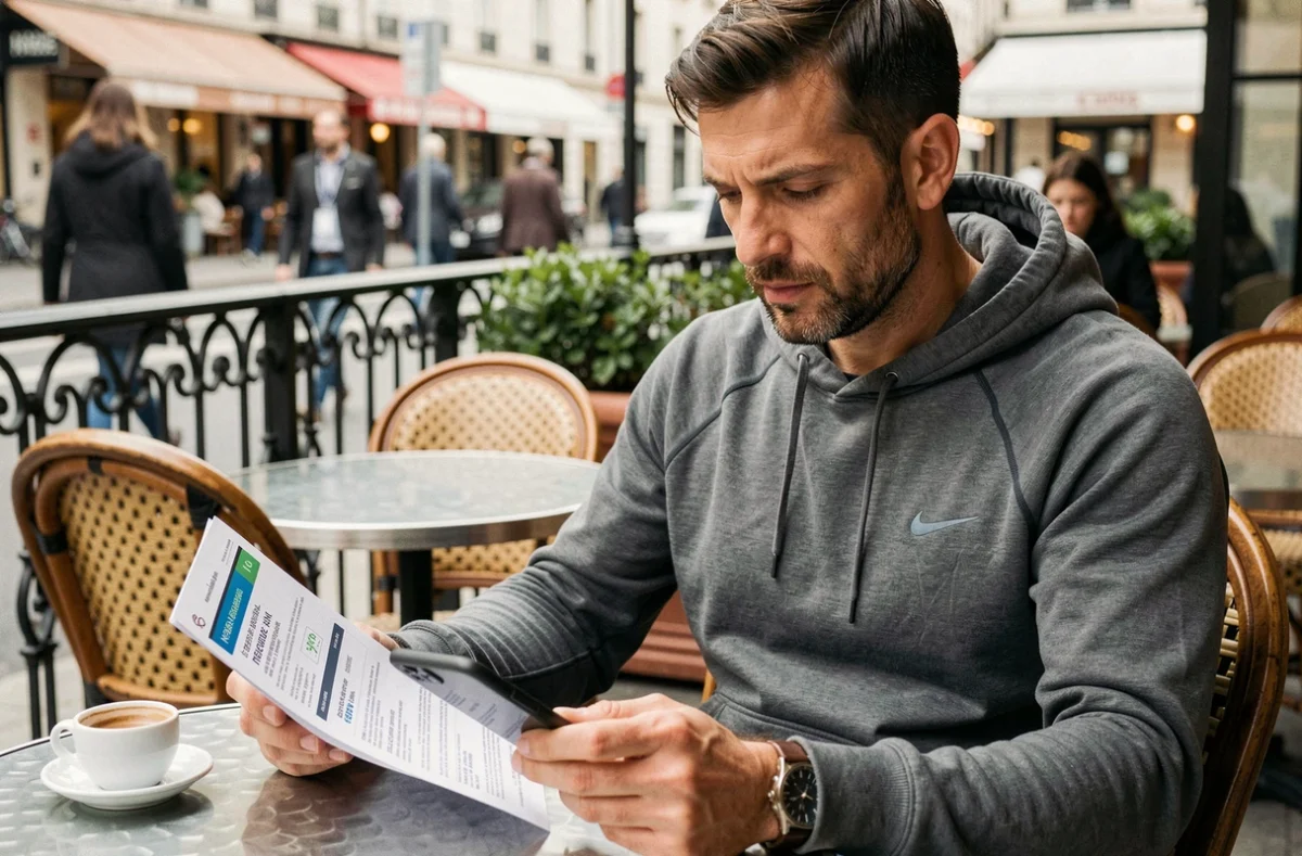 Coureur consultant les tarifs d'inscription au Marathon de Paris dans un café parisien