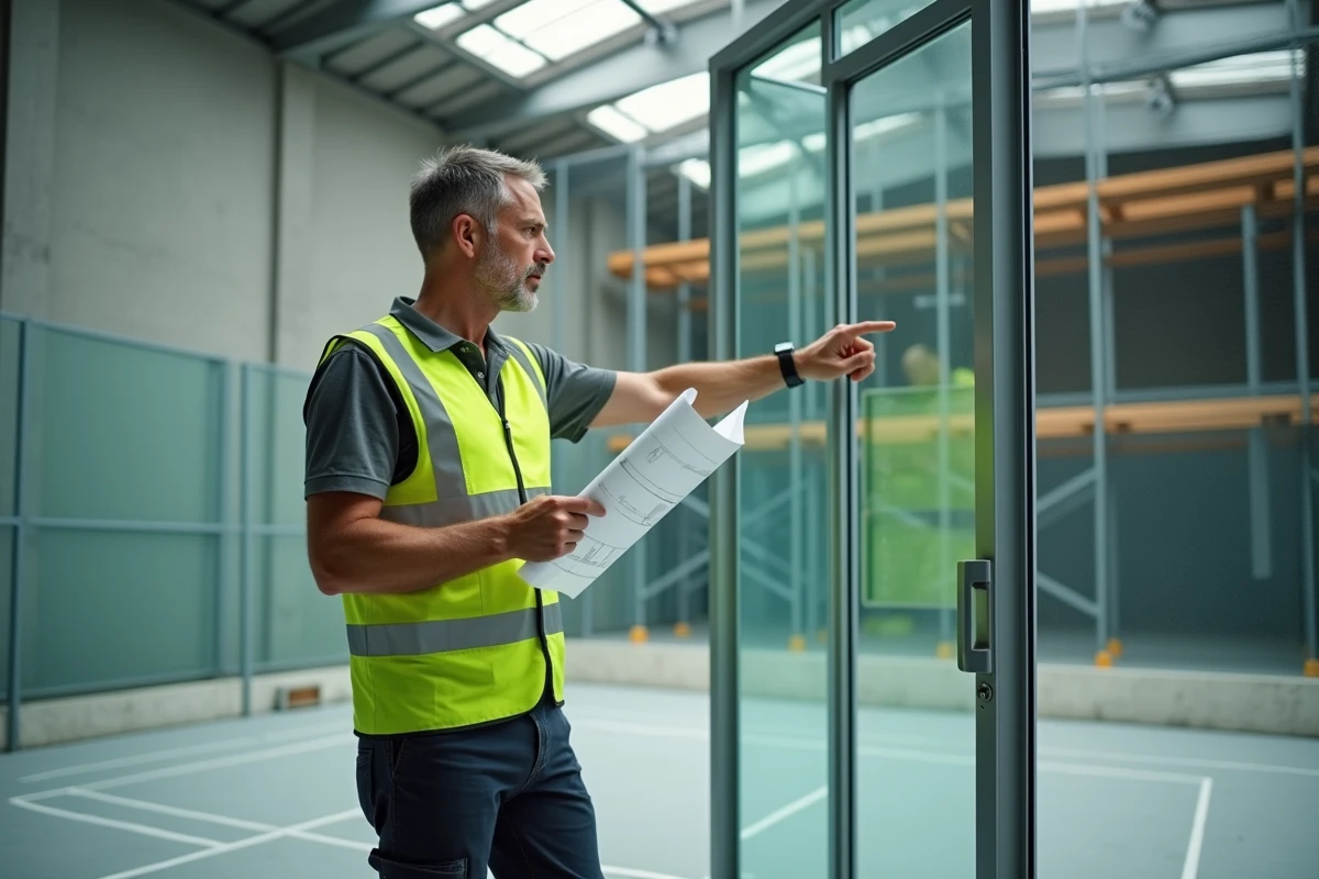 Responsable technique inspectant la conformité et la sécurité d'un terrain de padel intérieur en France