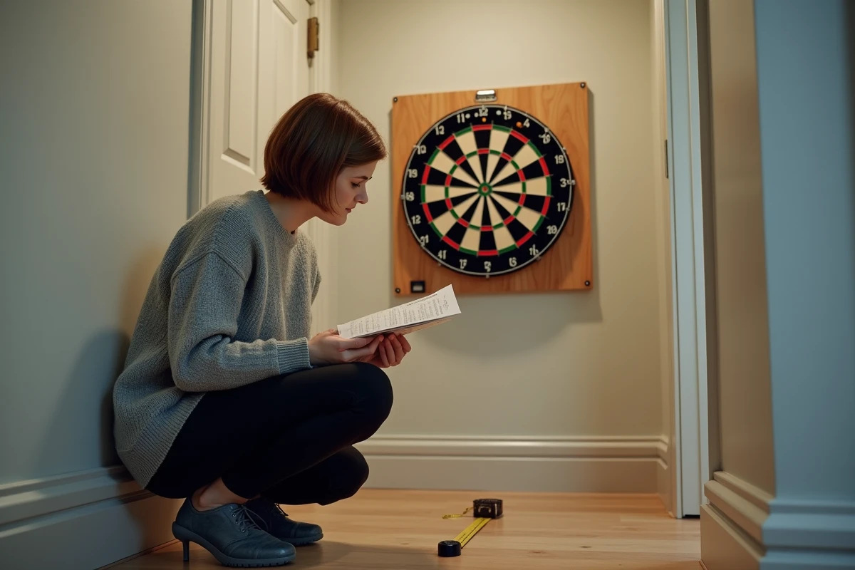 Femme installant une cible de fléchettes et mesurant la distance de tir dans un couloir étroit à la maison
