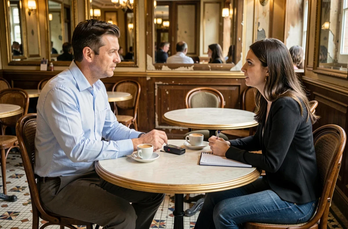 Journaliste interviewant un homme dans une brasserie parisienne classique avec carreaux de mosaïque et miroirs anciens