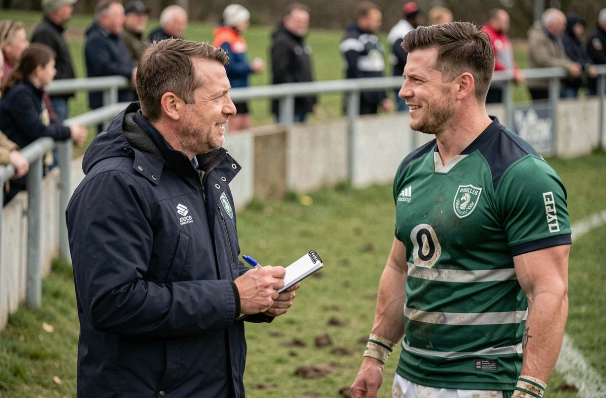 Journaliste sportif interviewant un joueur de rugby Fédérale 1 en bord de touche après une rencontre de poule