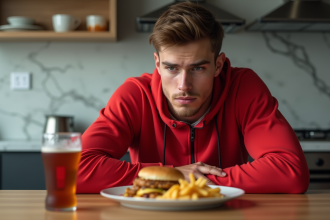 Jeune athlète en réflexion devant un repas gras