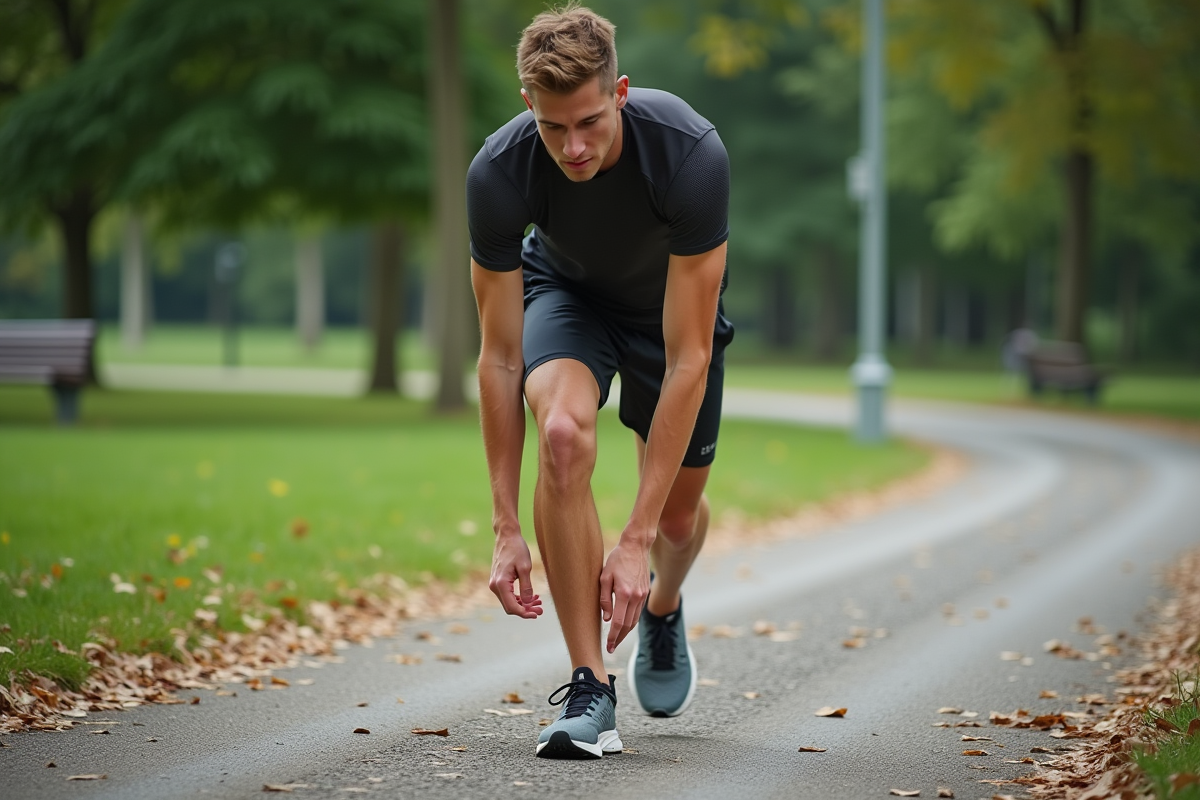 Jeune homme courant sur un chemin de gravier dans un parc