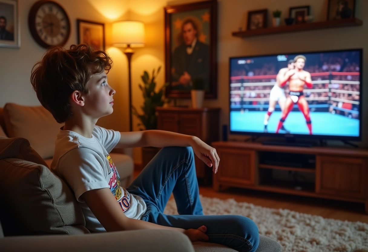 Jeune fan regardant du catch vintage à la maison