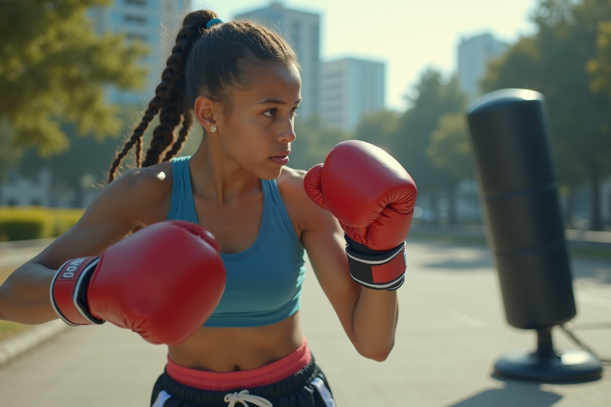 Jeune femme boxeuse en entraînement en extérieur