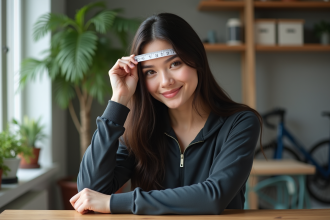 Jeune femme mesurant sa tête avec un ruban dans un intérieur moderne