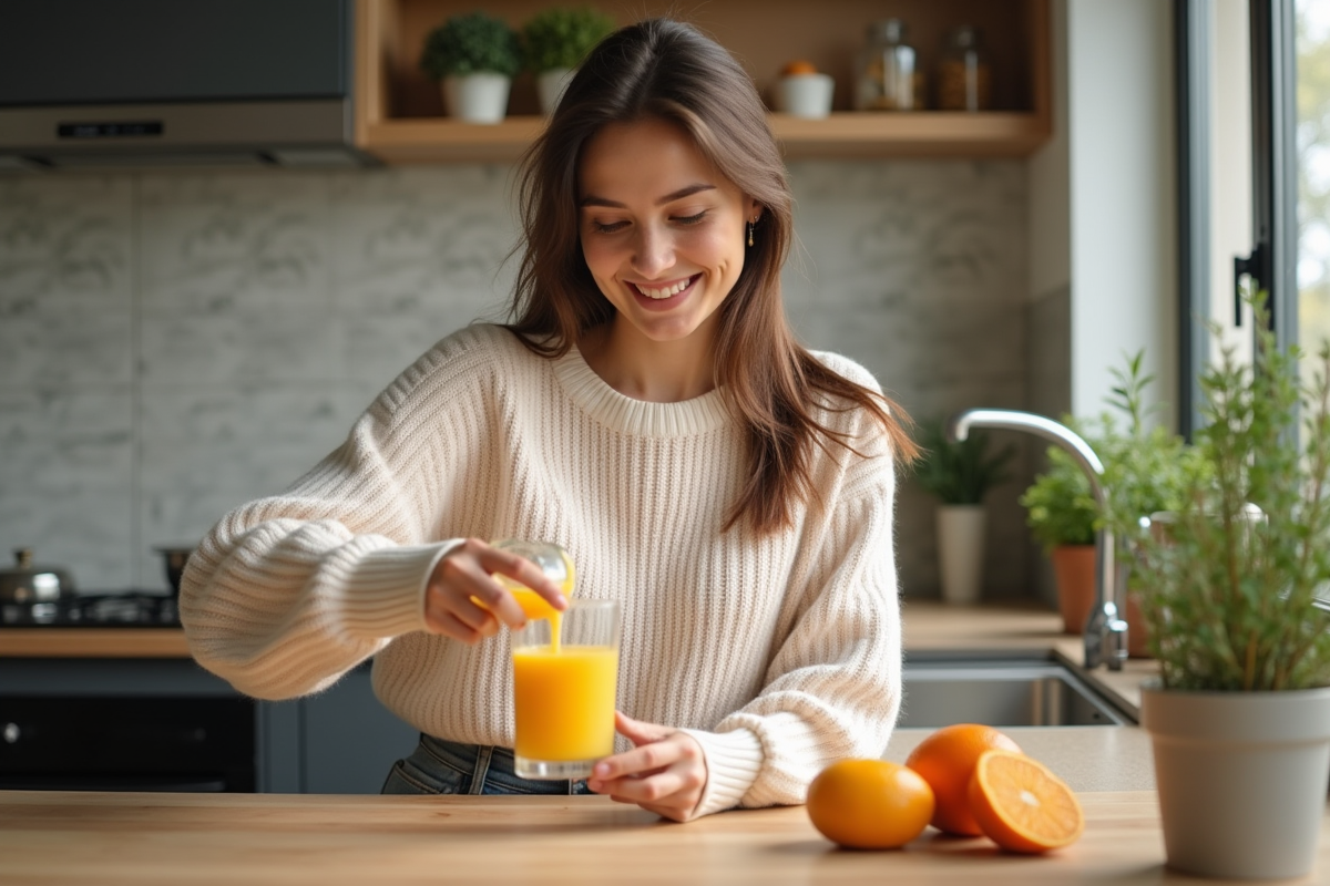 Jeune femme verse du jus d'orange dans un verre dans une cuisine lumineuse