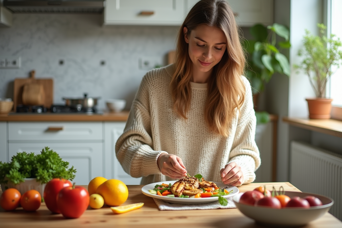 Jeune femme préparant un repas sain dans une cuisine lumineuse