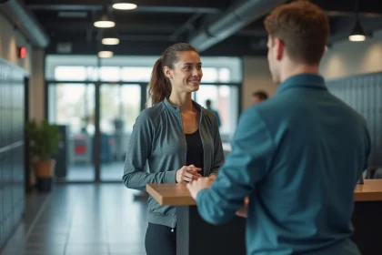 Jeune femme sportive à l'accueil d'une salle de gym
