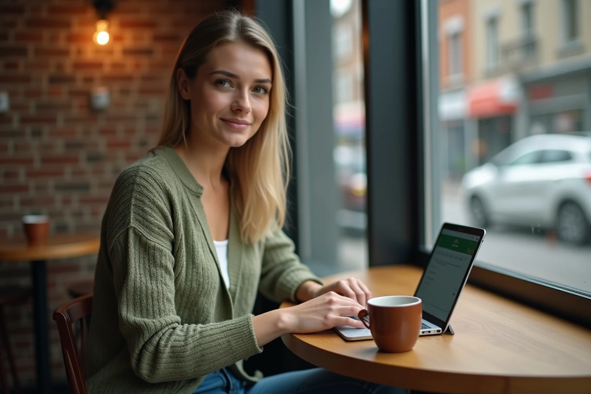 Jeune femme utilisant une tablette pour accéder à l'espace SIF FFE dans un café urbain