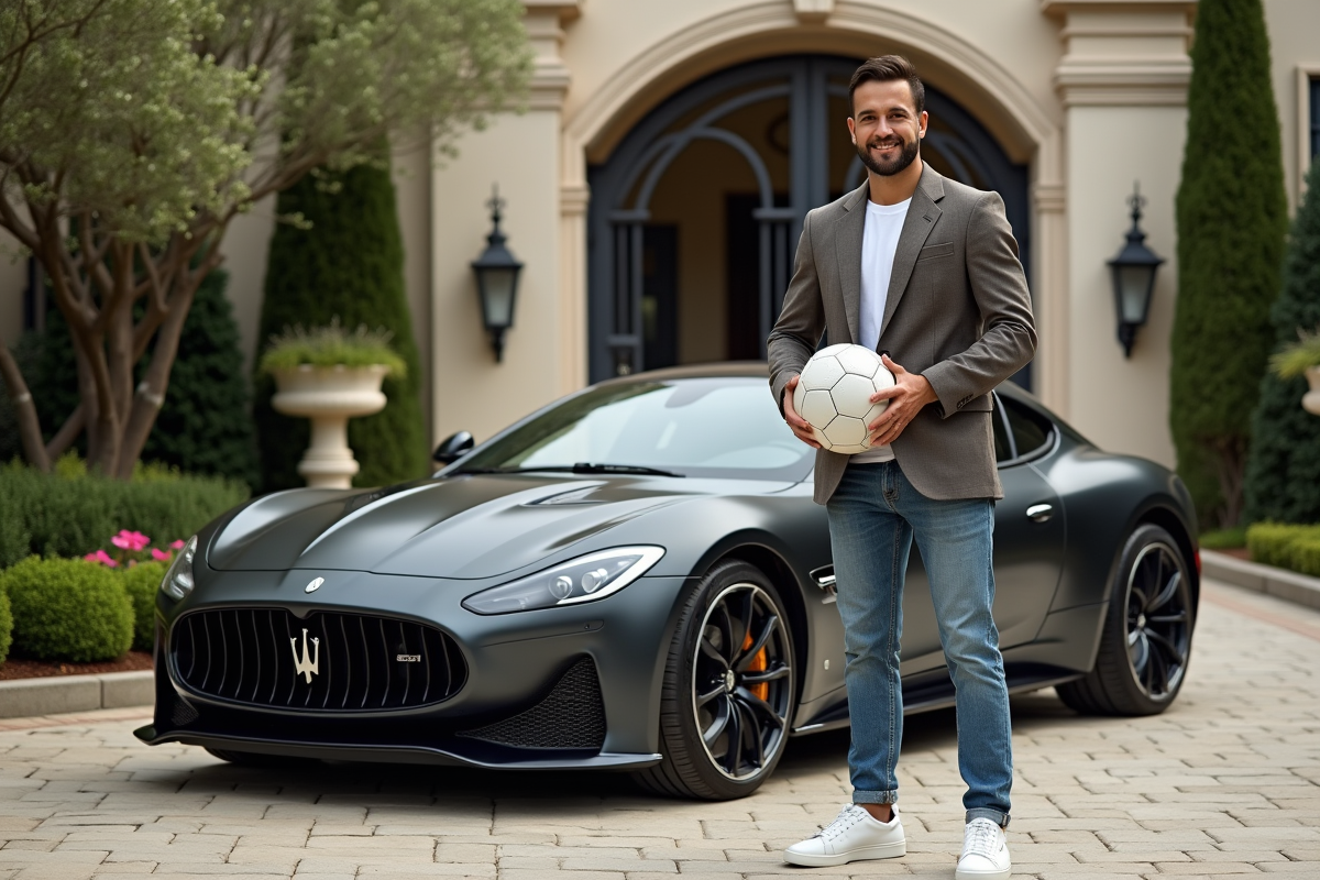 Jeune footballeur avec voiture de luxe et ballon