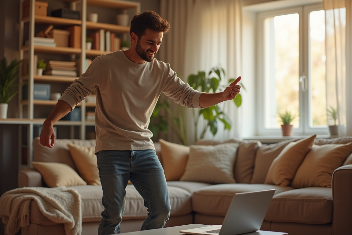 Jeune homme danse seul dans son salon à la maison