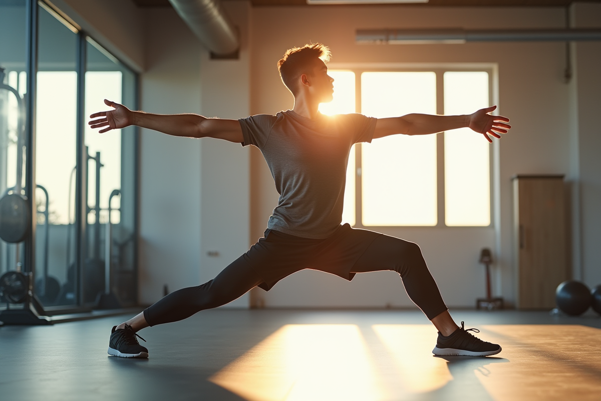 Jeune homme en tenue de sport faisant des étirements dans une salle lumineuse