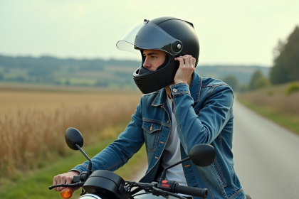 Jeune homme en moto ajustant son casque en campagne
