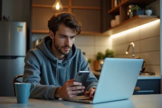 Jeune homme avec ordinateur et smartphone dans une cuisine moderne