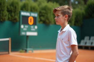 Jeune joueur de tennis regardant le tableau de score extérieur