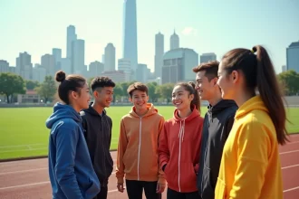 Groupe de jeunes sportifs en tenue colorée sur piste d'athlétisme